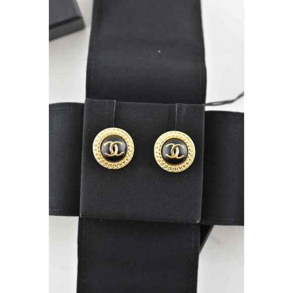 Chanel 21S Gold Black Chain Link CC Logo Large Dangle Statement Stud Earrings - Picture 6 of 12